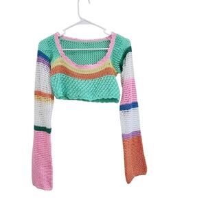 Colorful Crochet Knit Crop Top Striped Green Pink Spring Layering Top Size Small